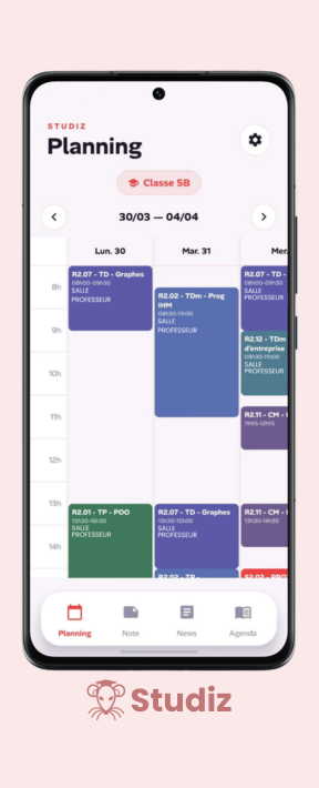 Maquette mobile Studiz affichant un planning étudiant
